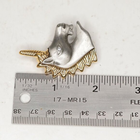 Vintage Two Tone Unicorn Metal Pin Brooch Horse Gold Silver - Picture 5 of 6